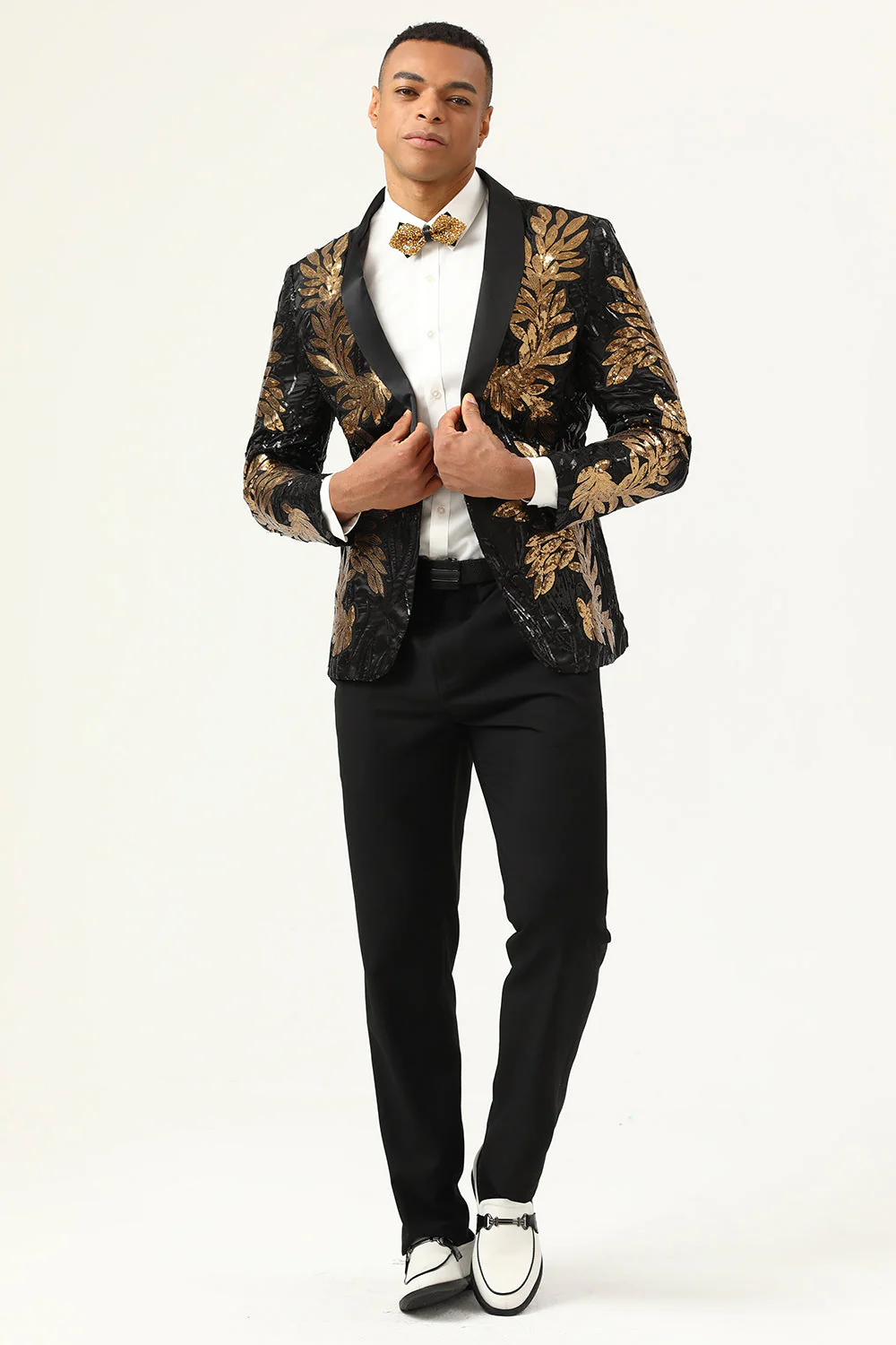 2 Piece Black and Gold Jacquard Sequins Men's Prom Suits - Image 3