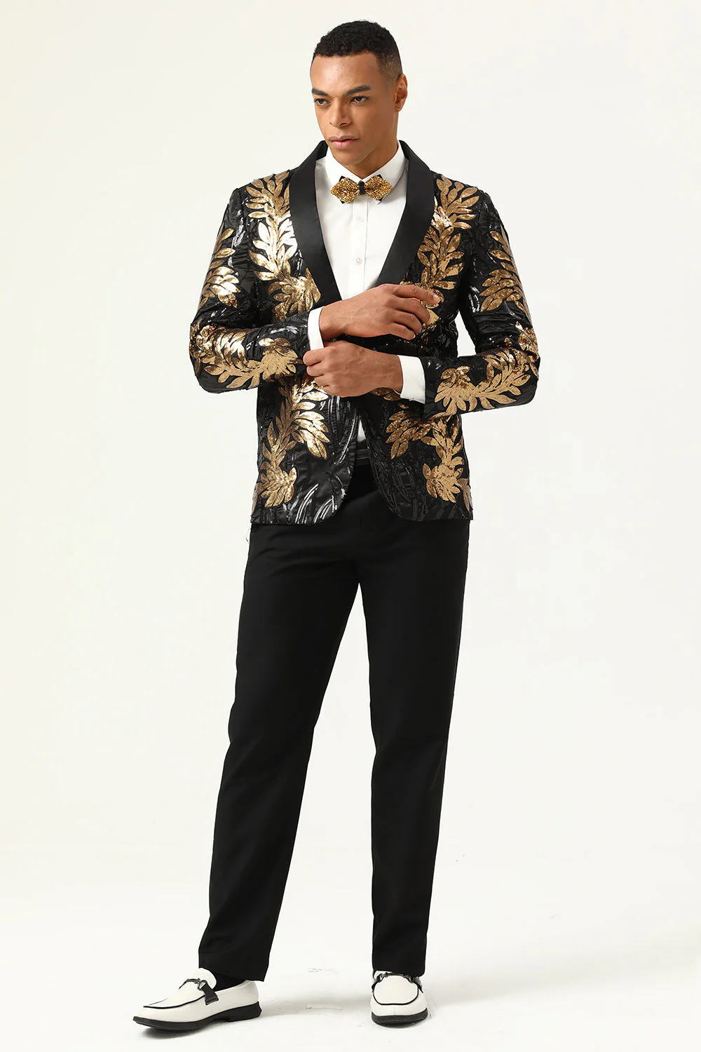 2 Piece Black and Gold Jacquard Sequins Men's Prom Suits - Image 4
