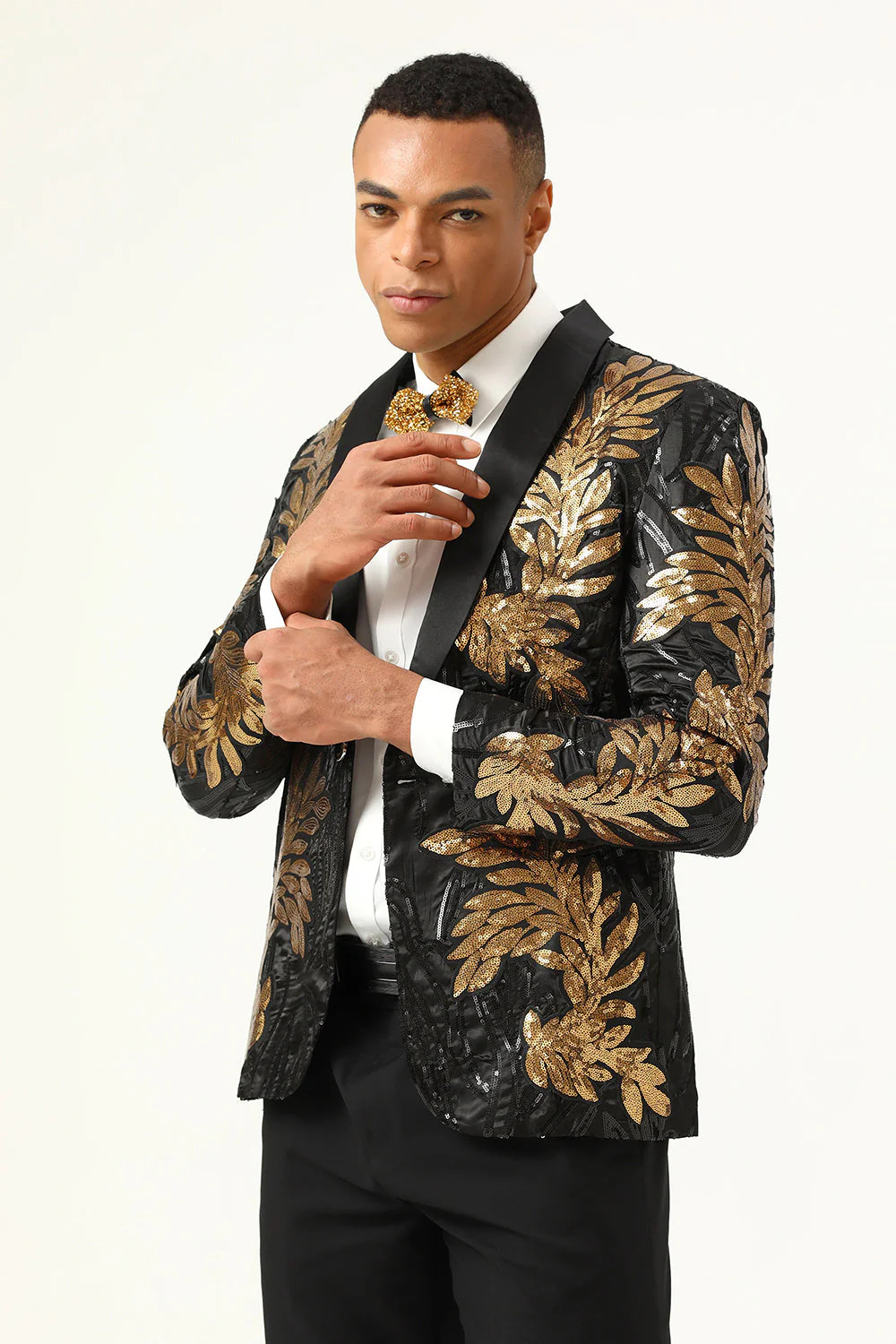 2 Piece Black and Gold Jacquard Sequins Men's Prom Suits - Image 5