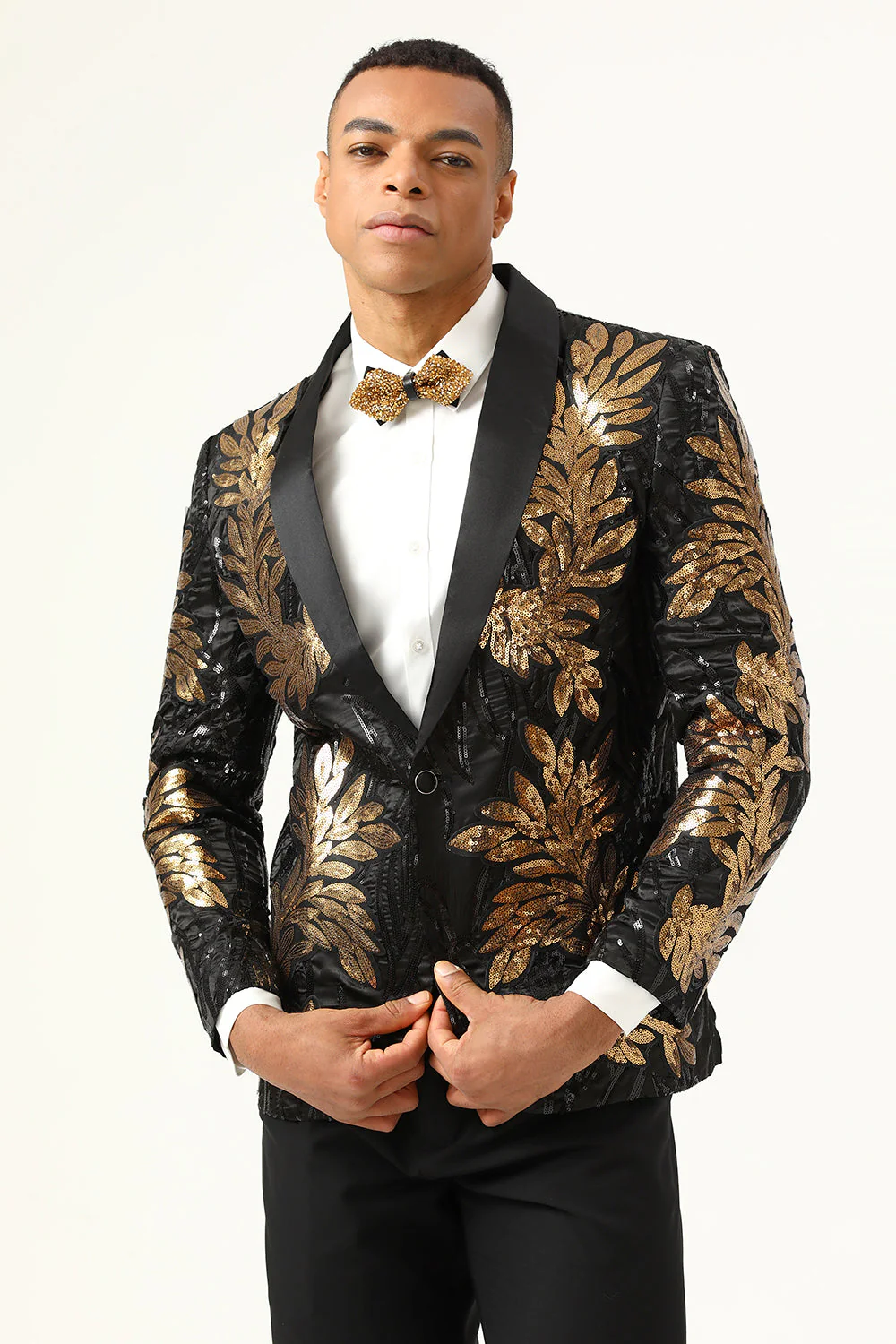 2 Piece Black and Gold Jacquard Sequins Men's Prom Suits - Image 6