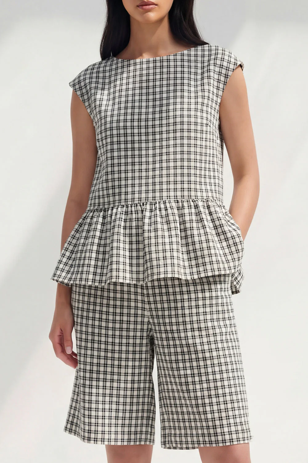 2 Piece Black and White Plaid Boat Neck Women Suits with Ruffles - Image 2