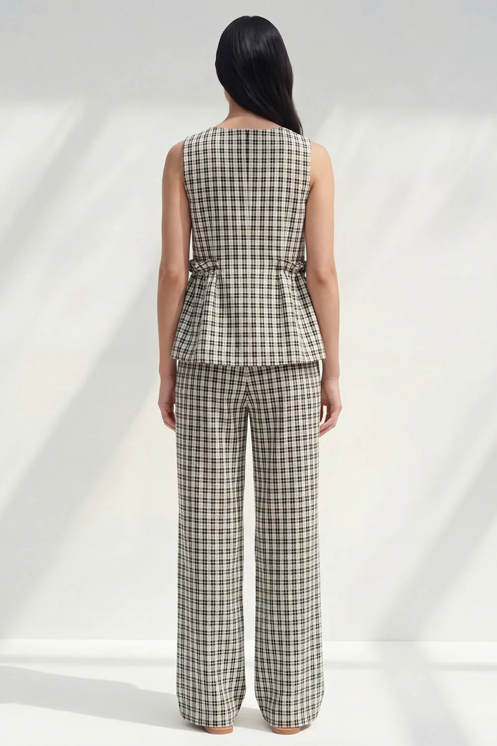 2 Piece Black and White Grid Boat Neck Women Pantsuits - Image 2