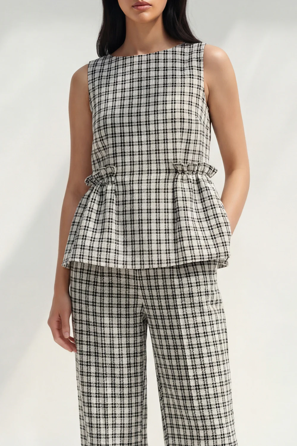 2 Piece Black and White Grid Boat Neck Women Pantsuits - Image 3