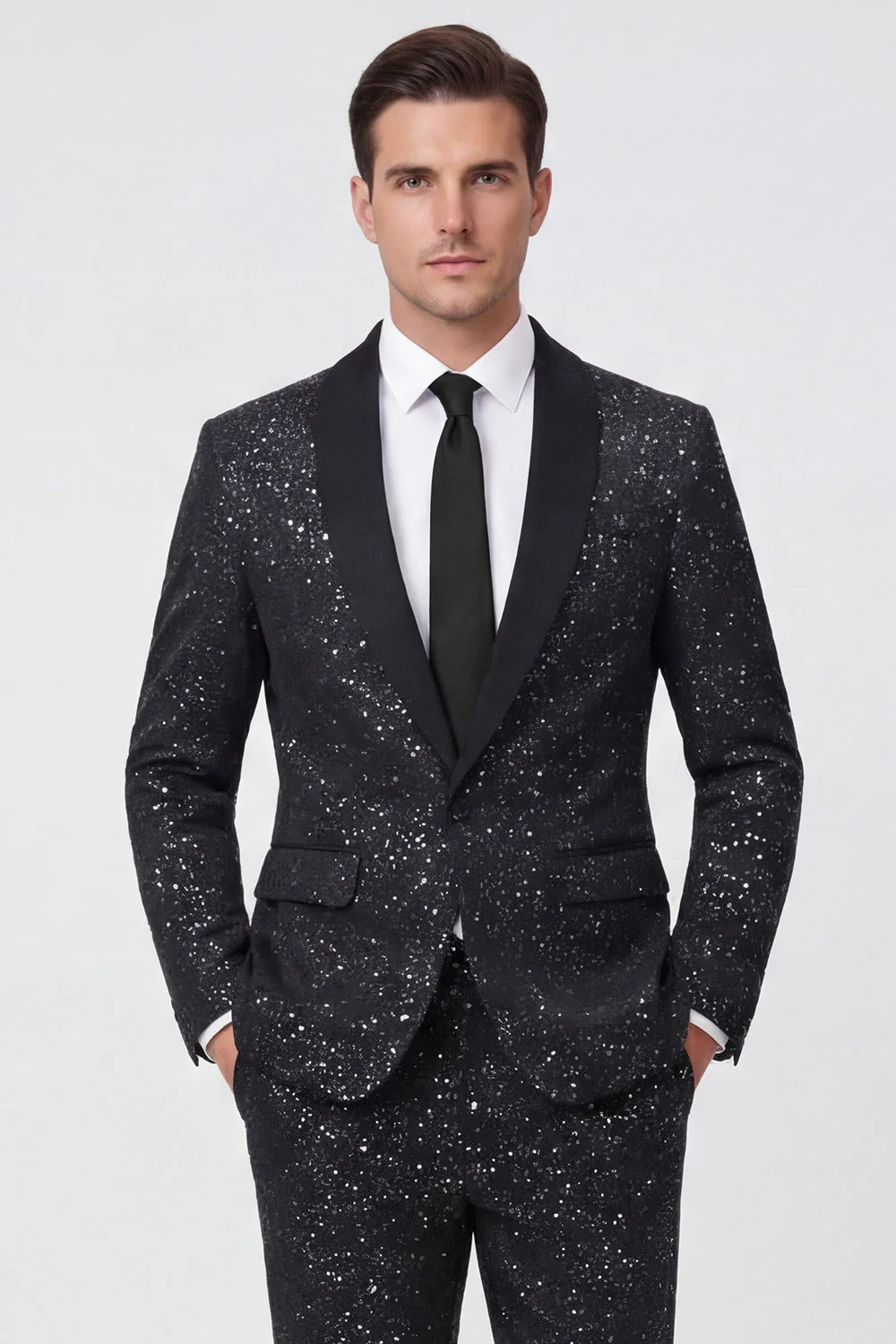 2 Piece Glitter Black Shawl Lapel Slim Fit Men's Suits - Image 4