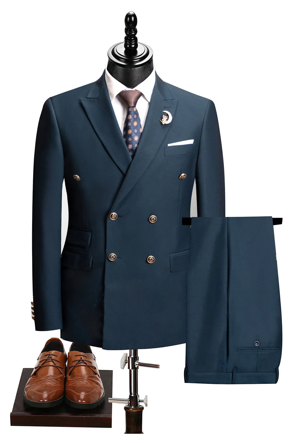 2-piece Black Peaked Lapel Double Breasted Men's Suits - Image 34