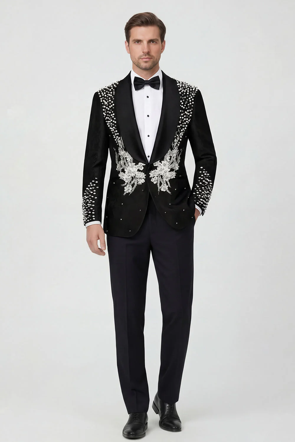 Black 2 Piece Shawl Lapel Beaded One Button Men's Suits - Image 2