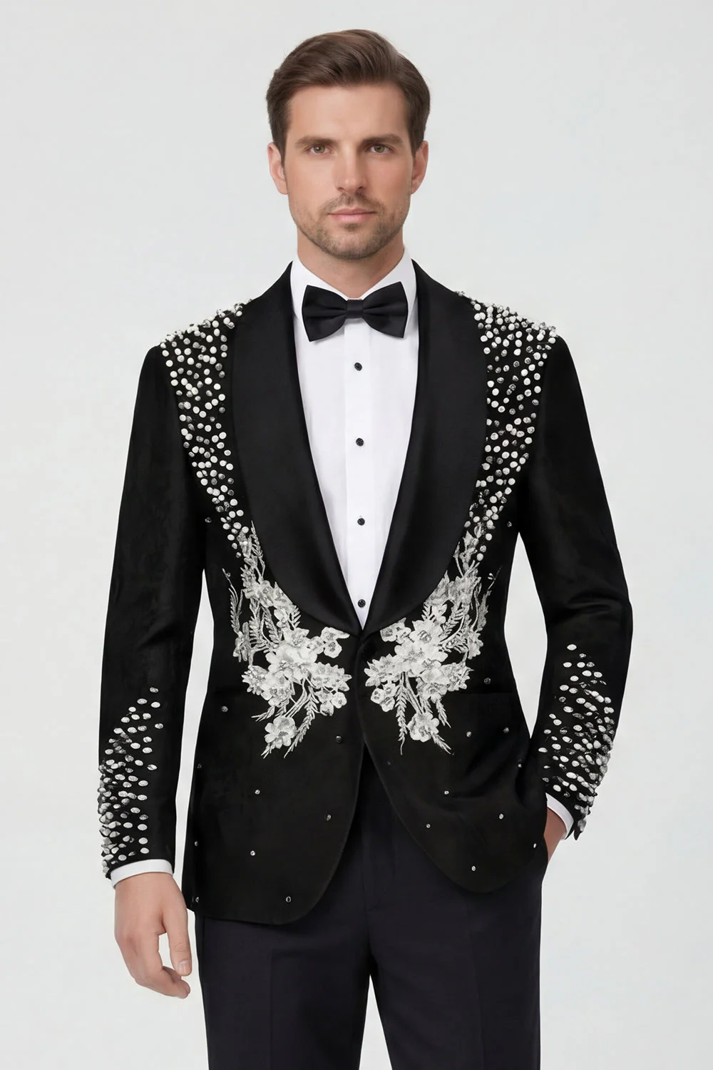 Black 2 Piece Shawl Lapel Beaded One Button Men's Suits - Image 3