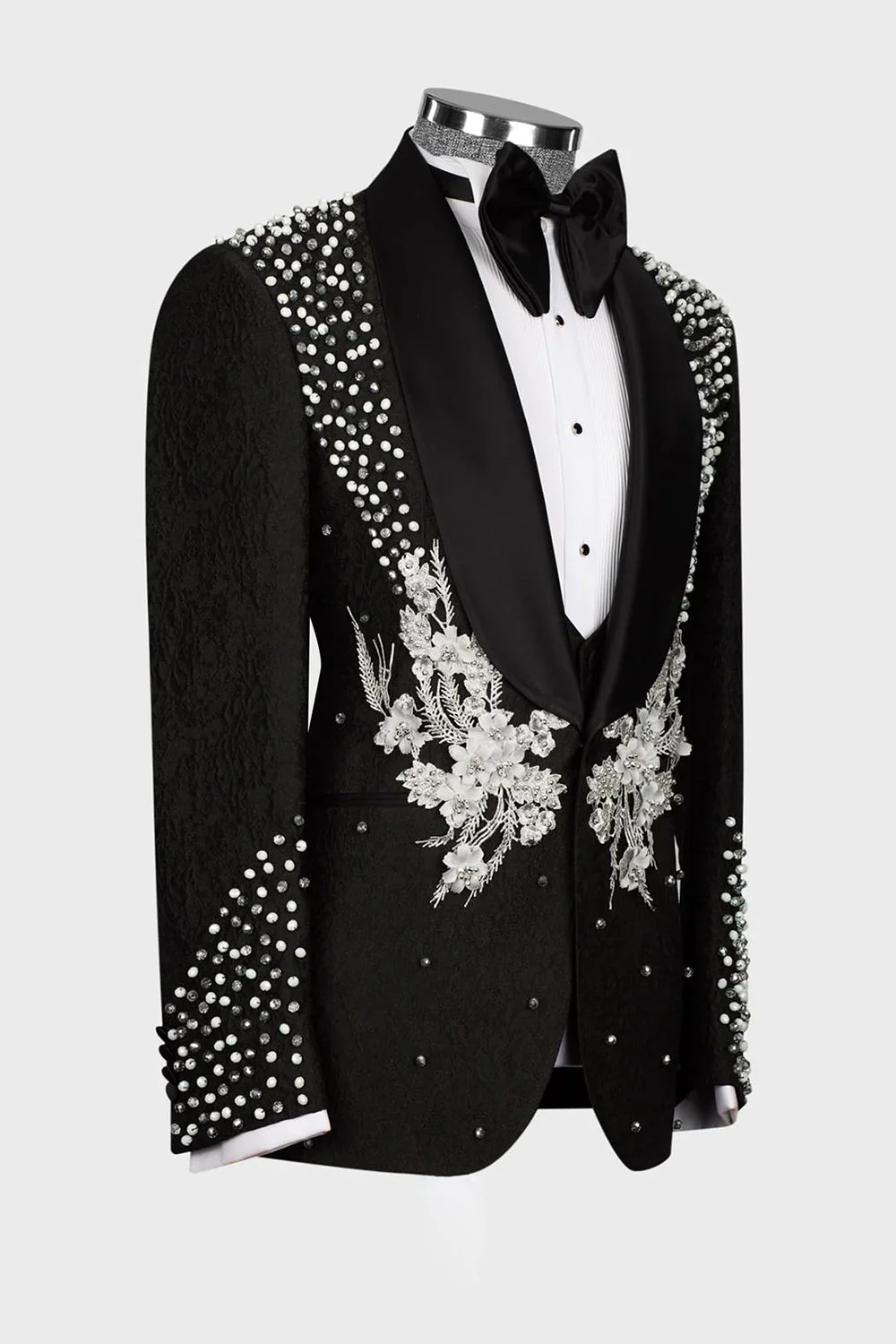 Black 2 Piece Shawl Lapel Beaded One Button Men's Suits - Image 4