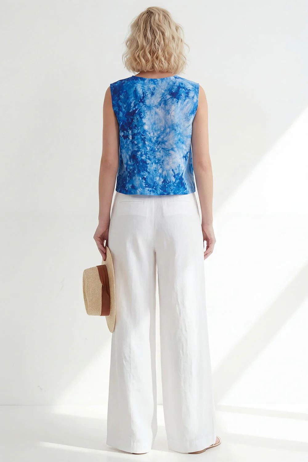 2 Piece Blue Printed Round Neck Sleeveless Women Suits - Image 2