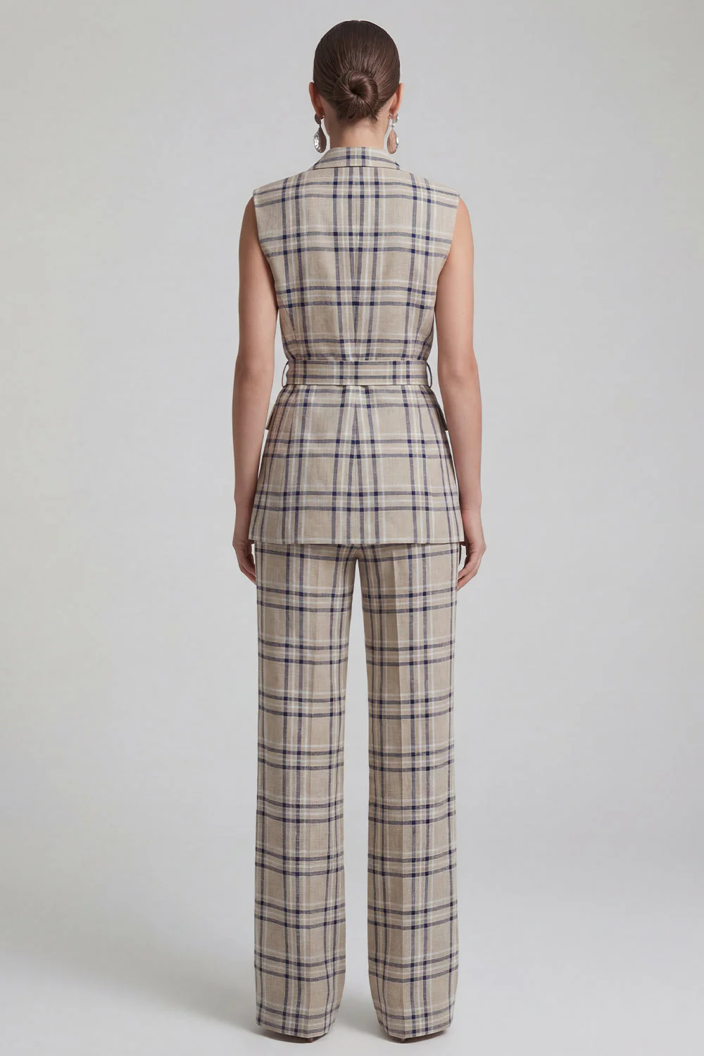 2 Piece Grey Grid Peak Lapel Double Breasted Women Suits - Image 2