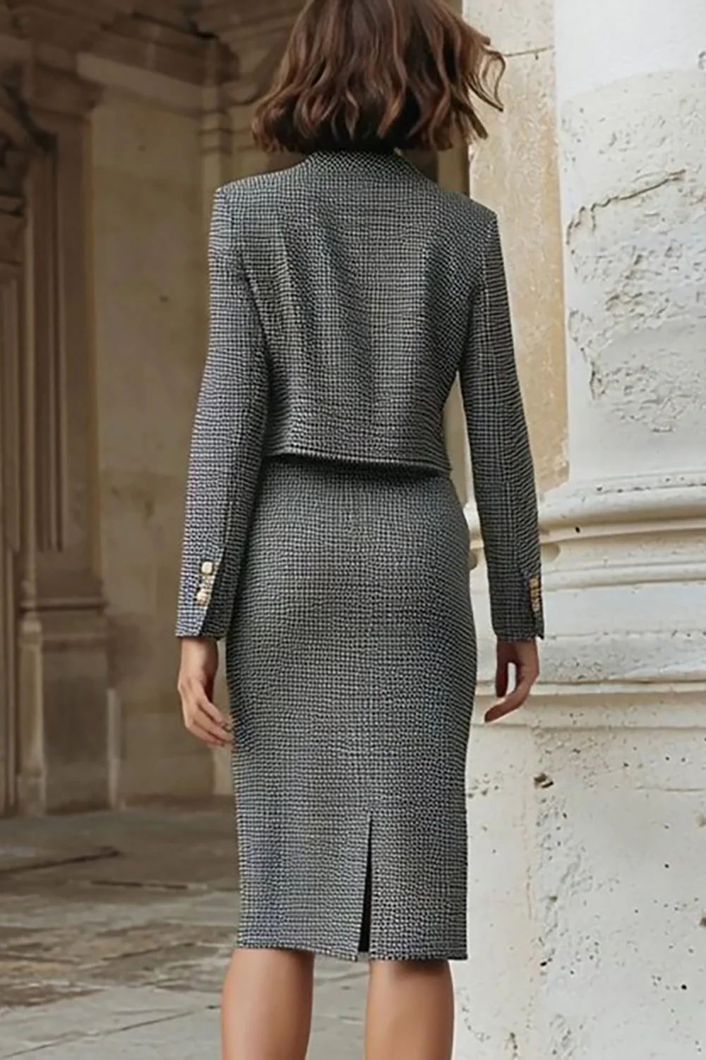 2 Piece Grey Tweed Pencil Single Breasted Work Dress - Image 2