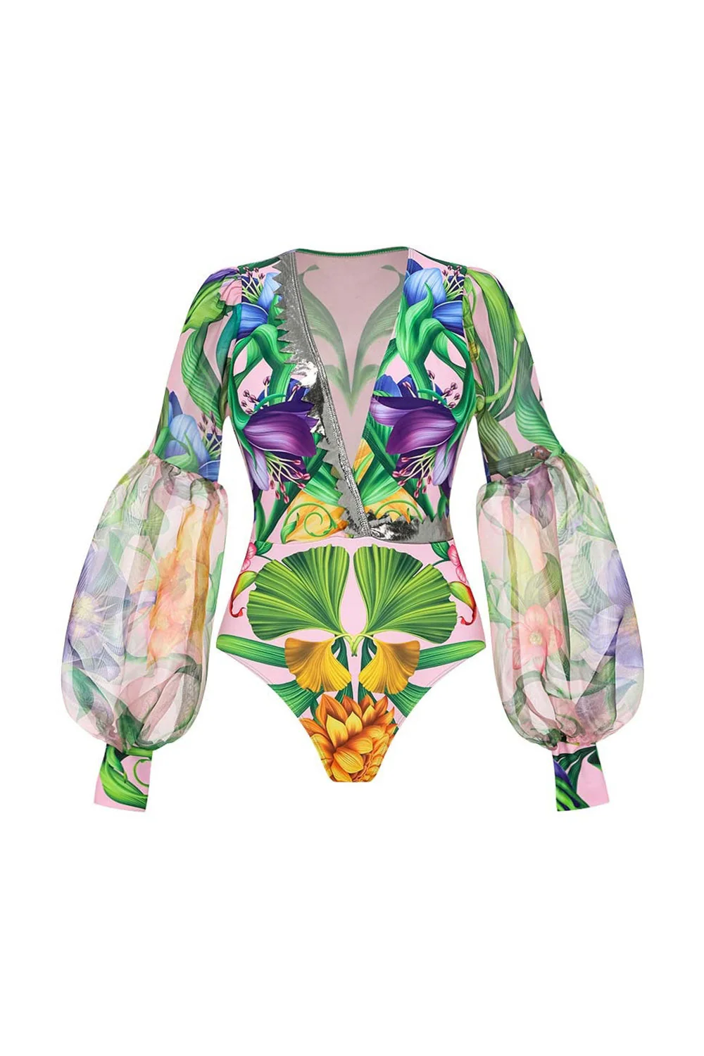 2 Piece Long Sleeves V-Neck Pink Floral Swimsuit with Beach Dress - Image 2