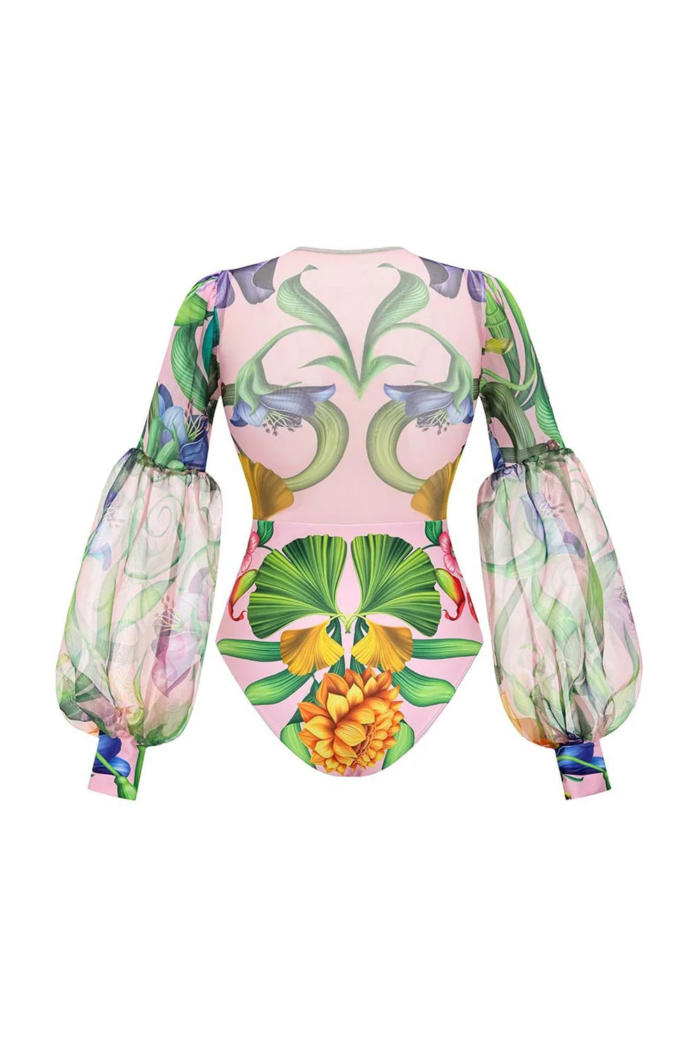 2 Piece Long Sleeves V-Neck Pink Floral Swimsuit with Beach Dress - Image 3