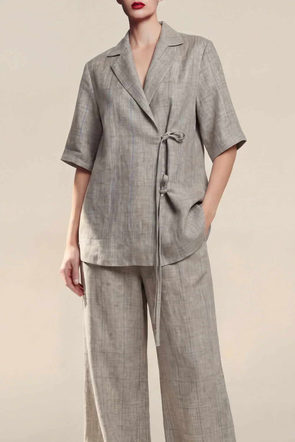 2 Piece Grey Short Sleeves Notched Lapel Women Suits - Image 3