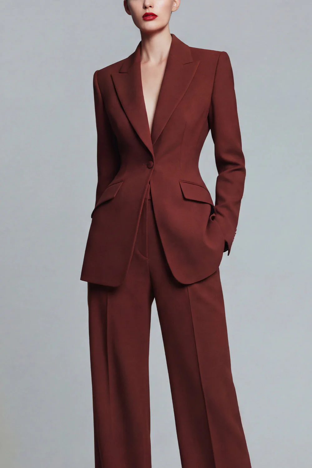 2 Piece Peak Lapel Burnt Orange Women's Work Suits with Pockets - Image 3