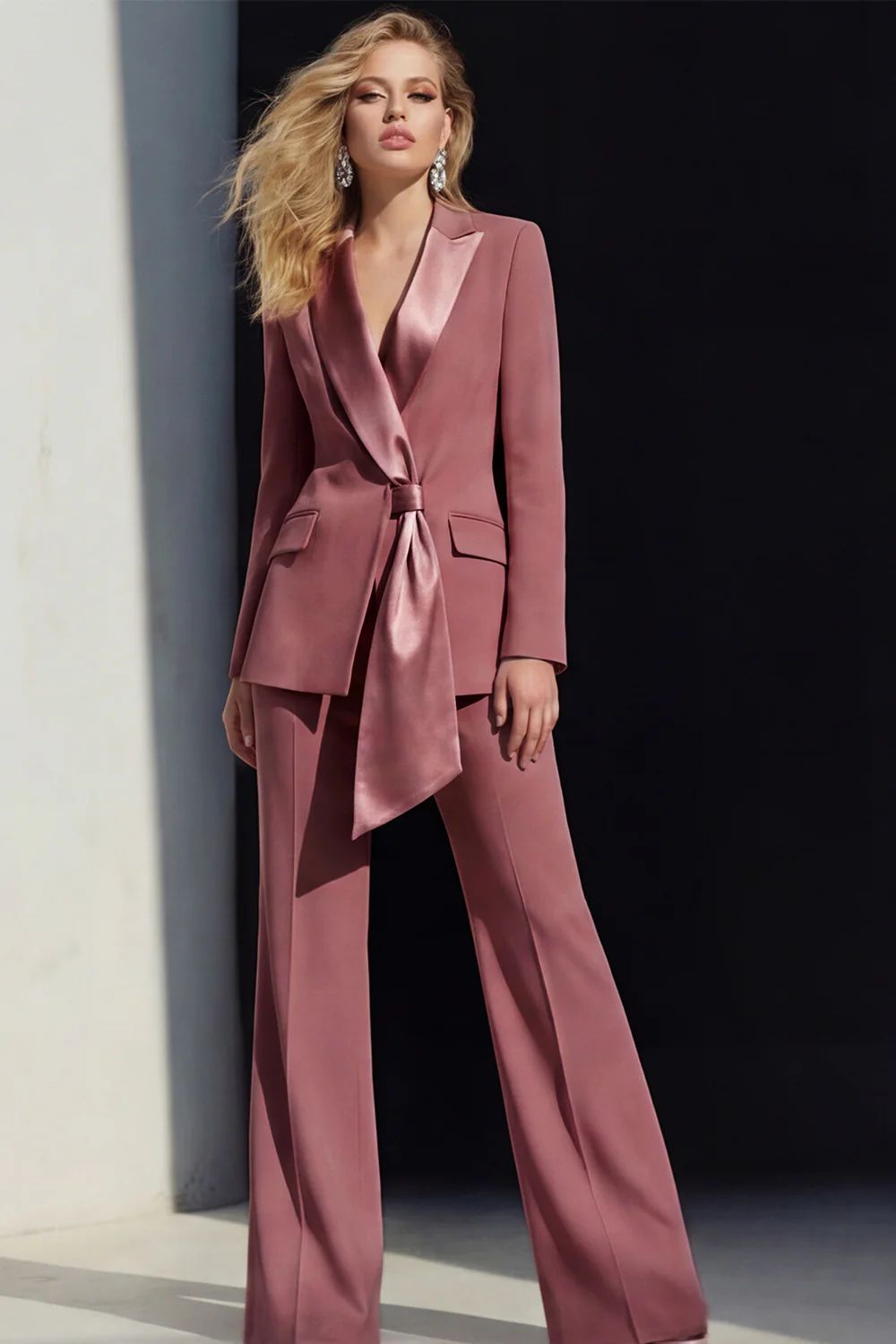 2 Piece Pink Peak Lapel Women's Work Suits with Sash - Image 11