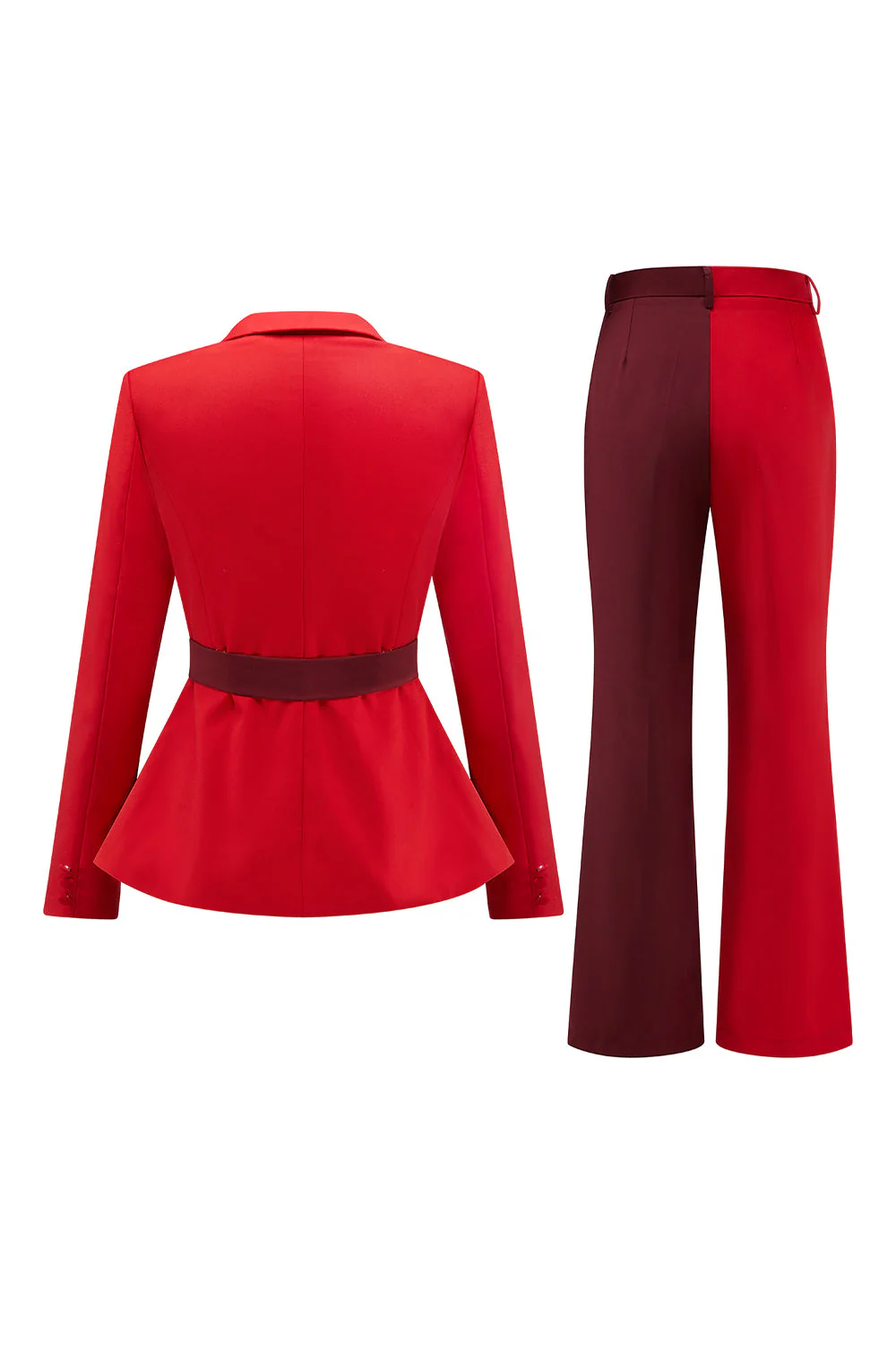 2-Piece Red Patchwork Notched Lapel Women Prom Suits with Belt - Image 2