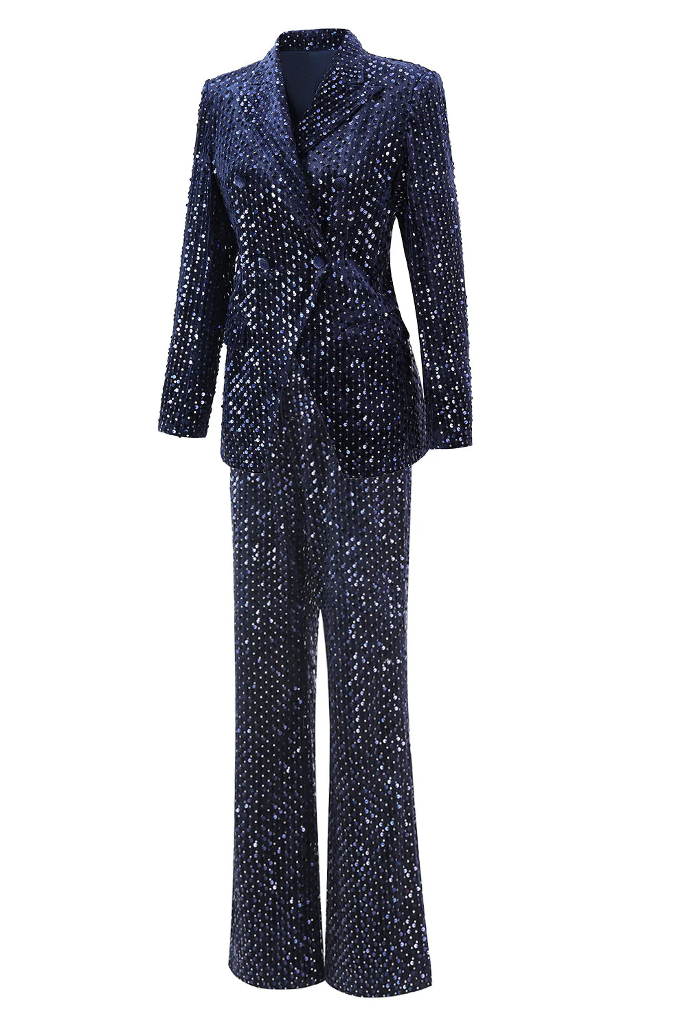 2 Piece Sequin Peak Lapel Double Breasted Navy Women's Prom Suit - Image 3