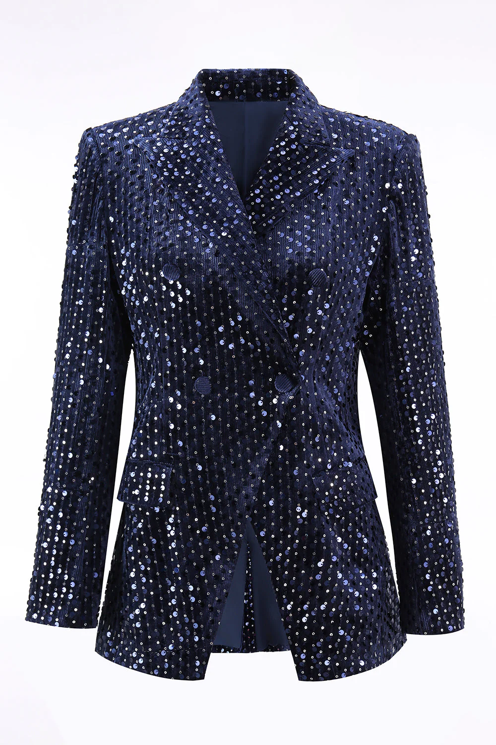 2 Piece Sequin Peak Lapel Double Breasted Navy Women's Prom Suit - Image 4