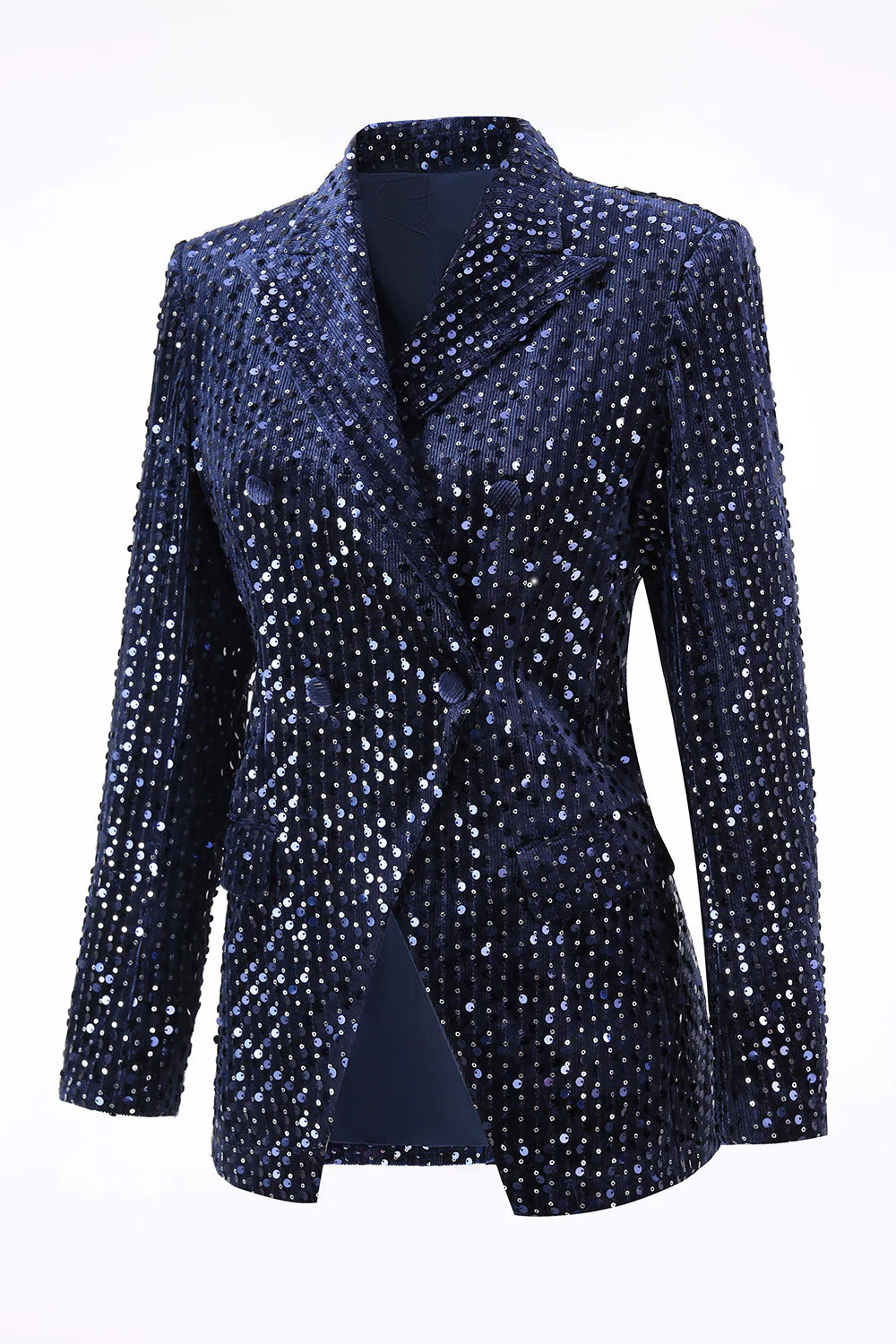 2 Piece Sequin Peak Lapel Double Breasted Navy Women's Prom Suit - Image 6