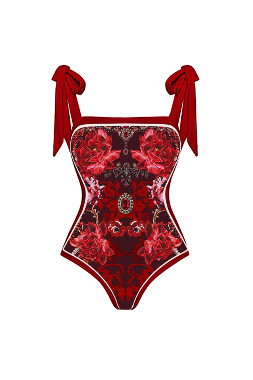 2 Piece Spaghetti Straps Black Red Floral Swimsuit with Cover Up - Image 2