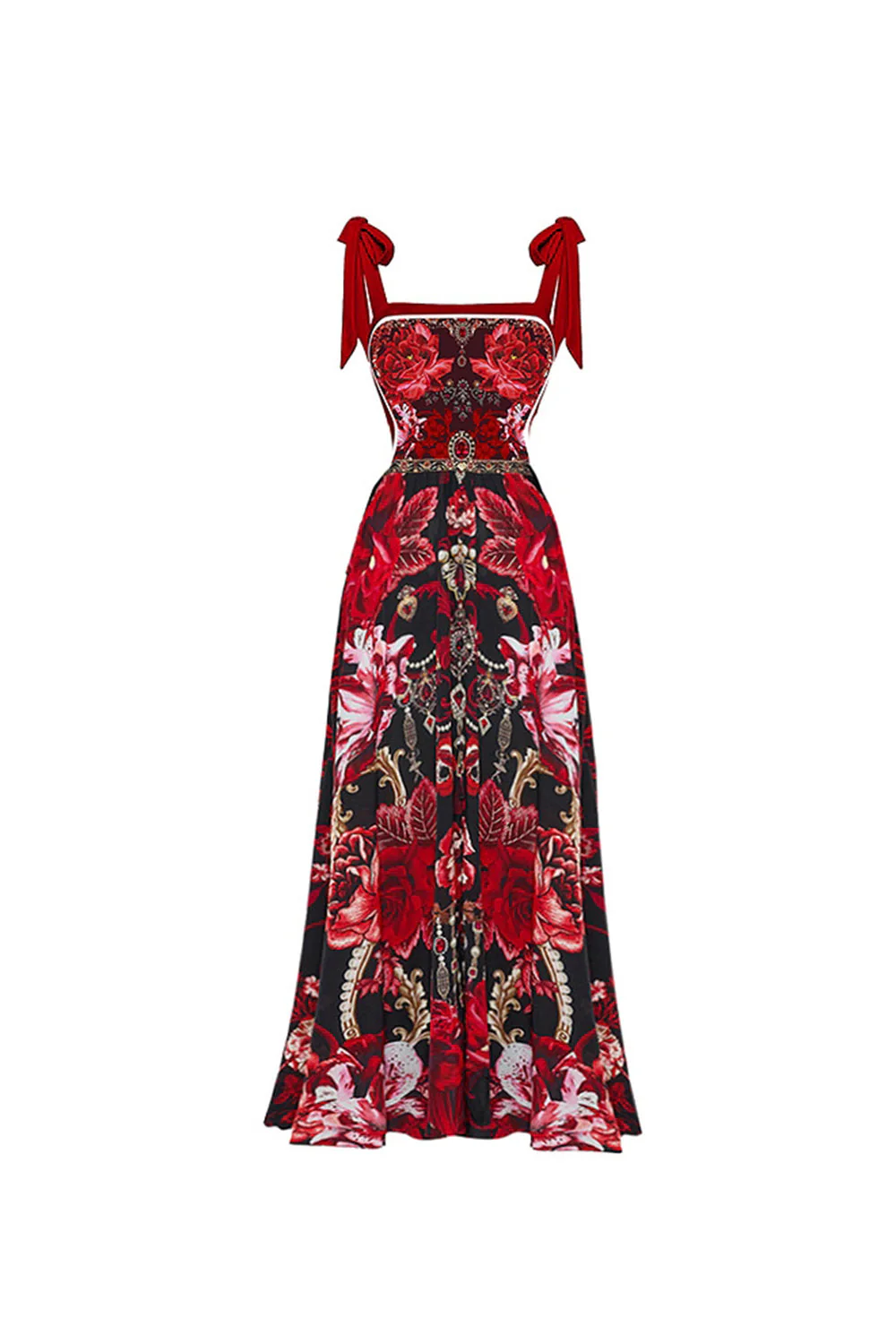 2 Piece Spaghetti Straps Black Red Floral Swimsuit with Cover Up - Image 5