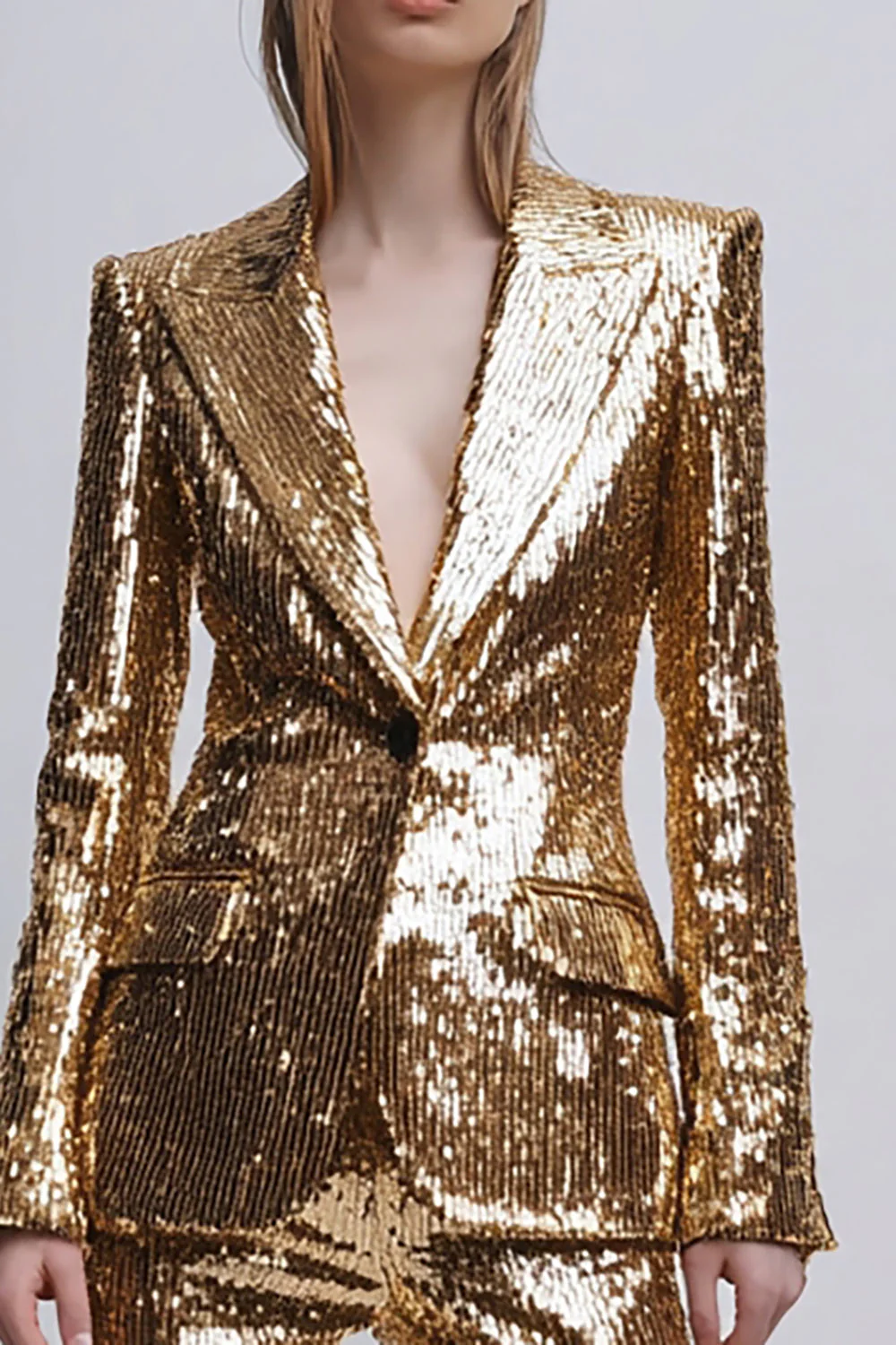 2 Piece Sparkly Gold Peak Lapel Women Prom Suits With Sleeves - Image 2