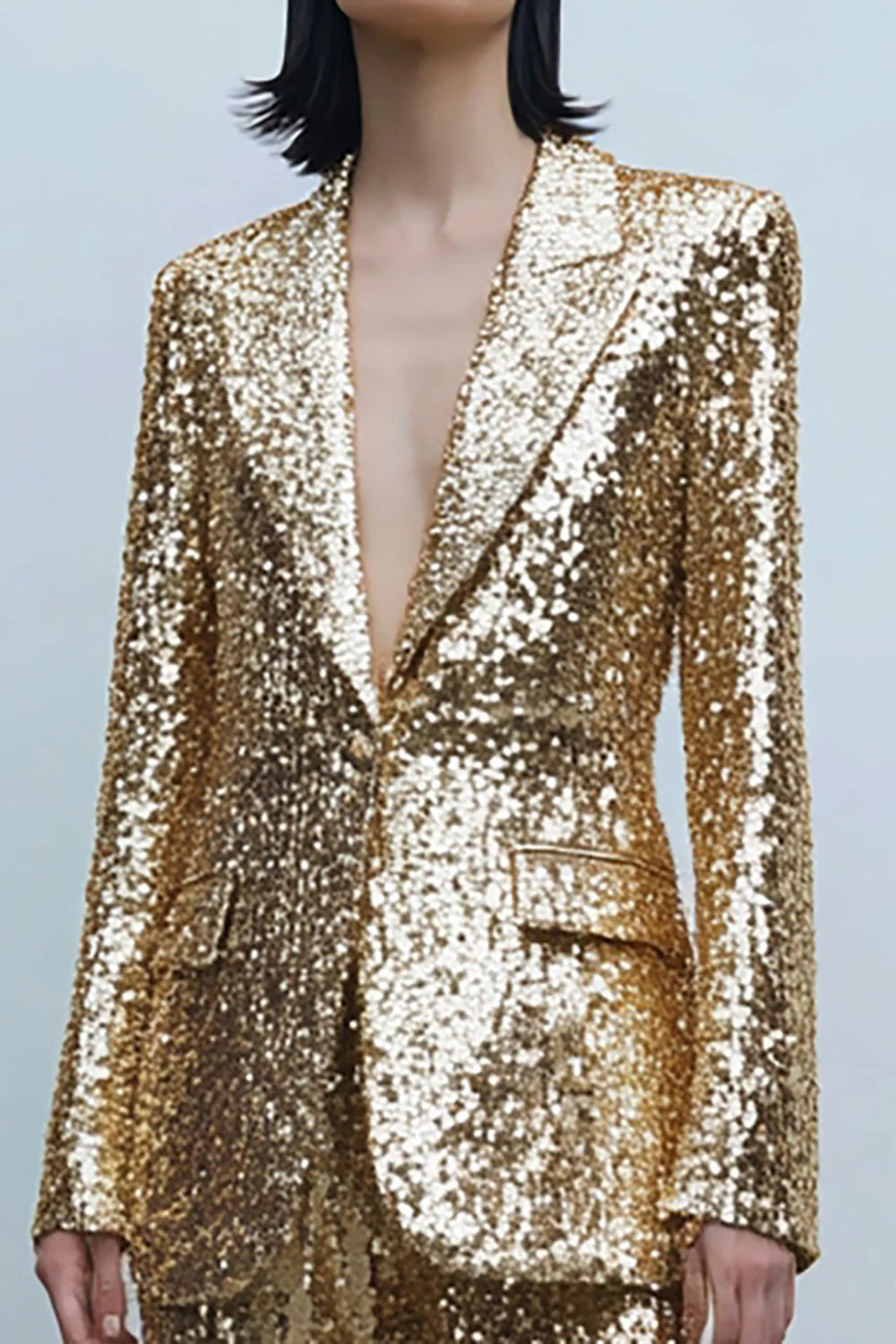2 Piece Sparkly Gold Sequins Women Prom Suits With Pockets - Image 2