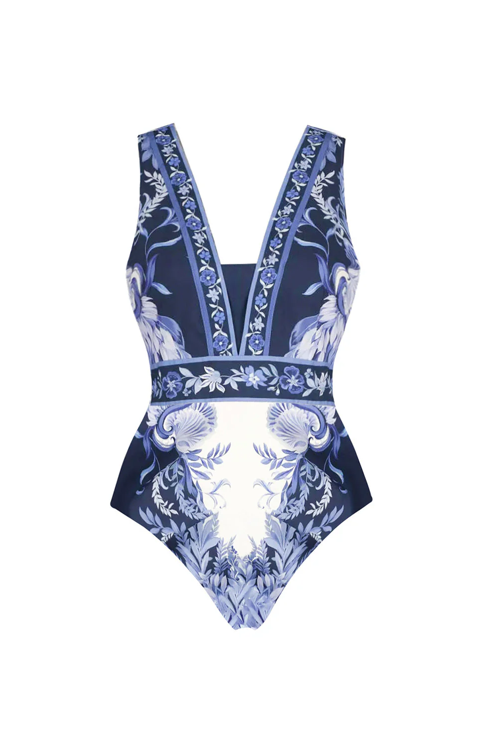 2 Piece White and Blue V-Neck Print Flower Swimsuit with Cover Up - Image 2
