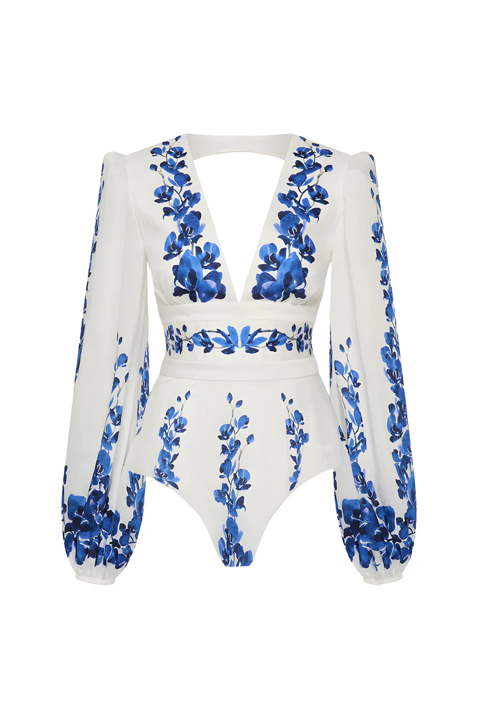 2 Piece White Blue Flower Long Sleeves Swimwear Set with Beach Dress - Image 2