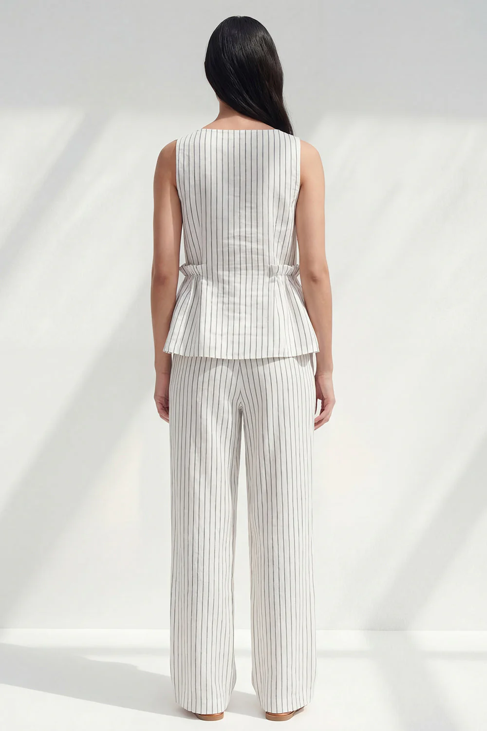 White 2 Piece Boat Neck Striped Women Business Suits - Image 2