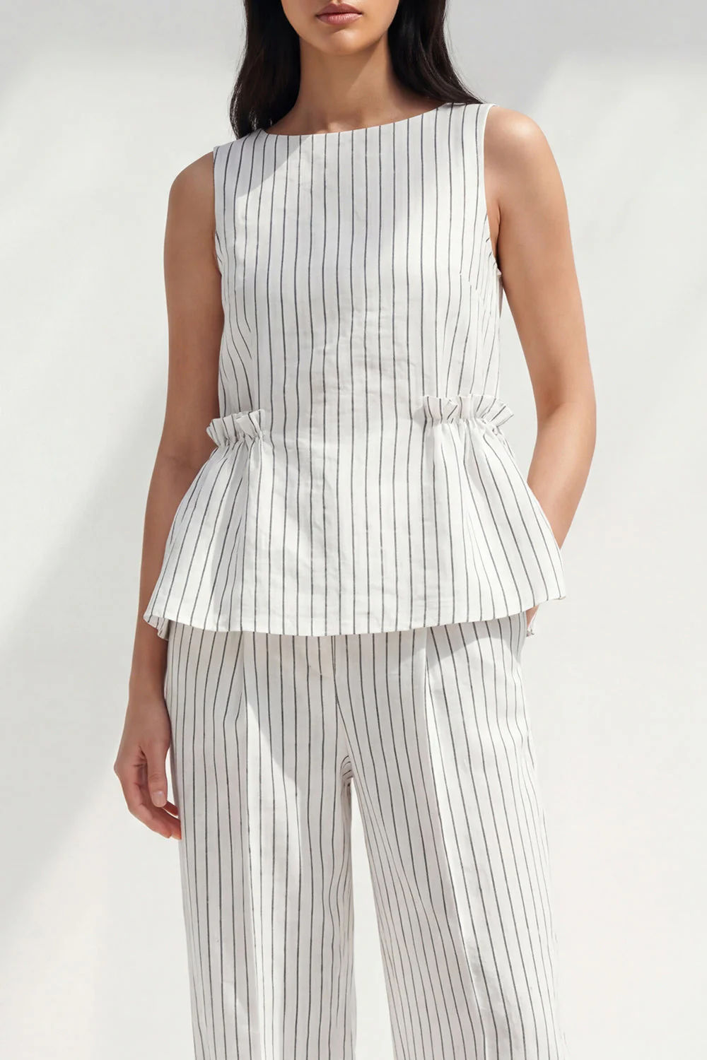 White 2 Piece Boat Neck Striped Women Business Suits - Image 3