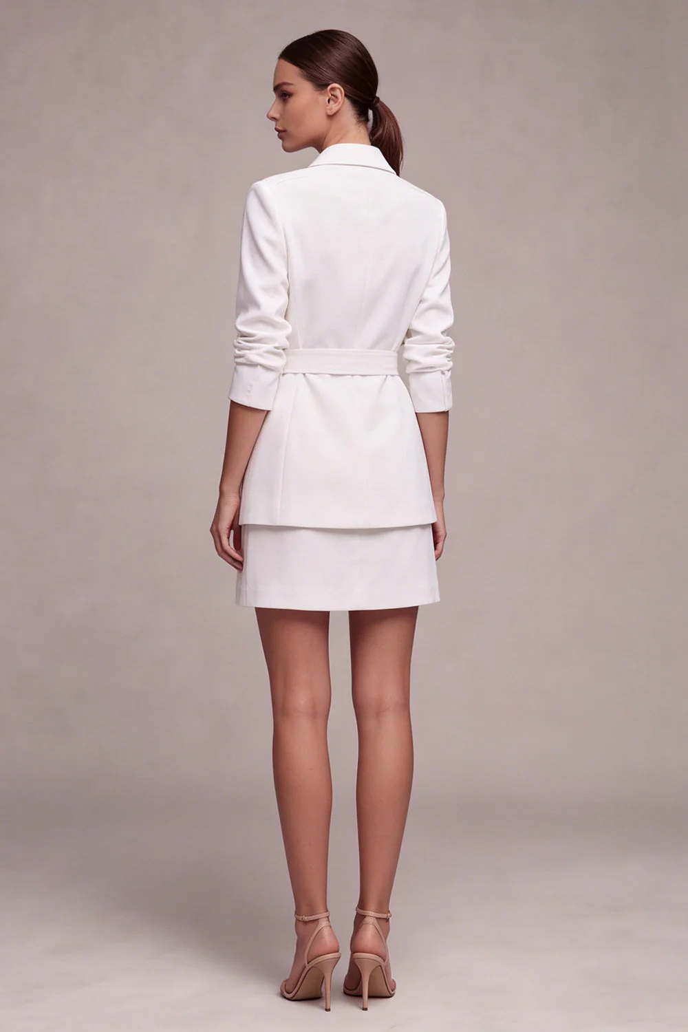 2 Piece White Notched Lapel Business Dress with Belt - Image 2