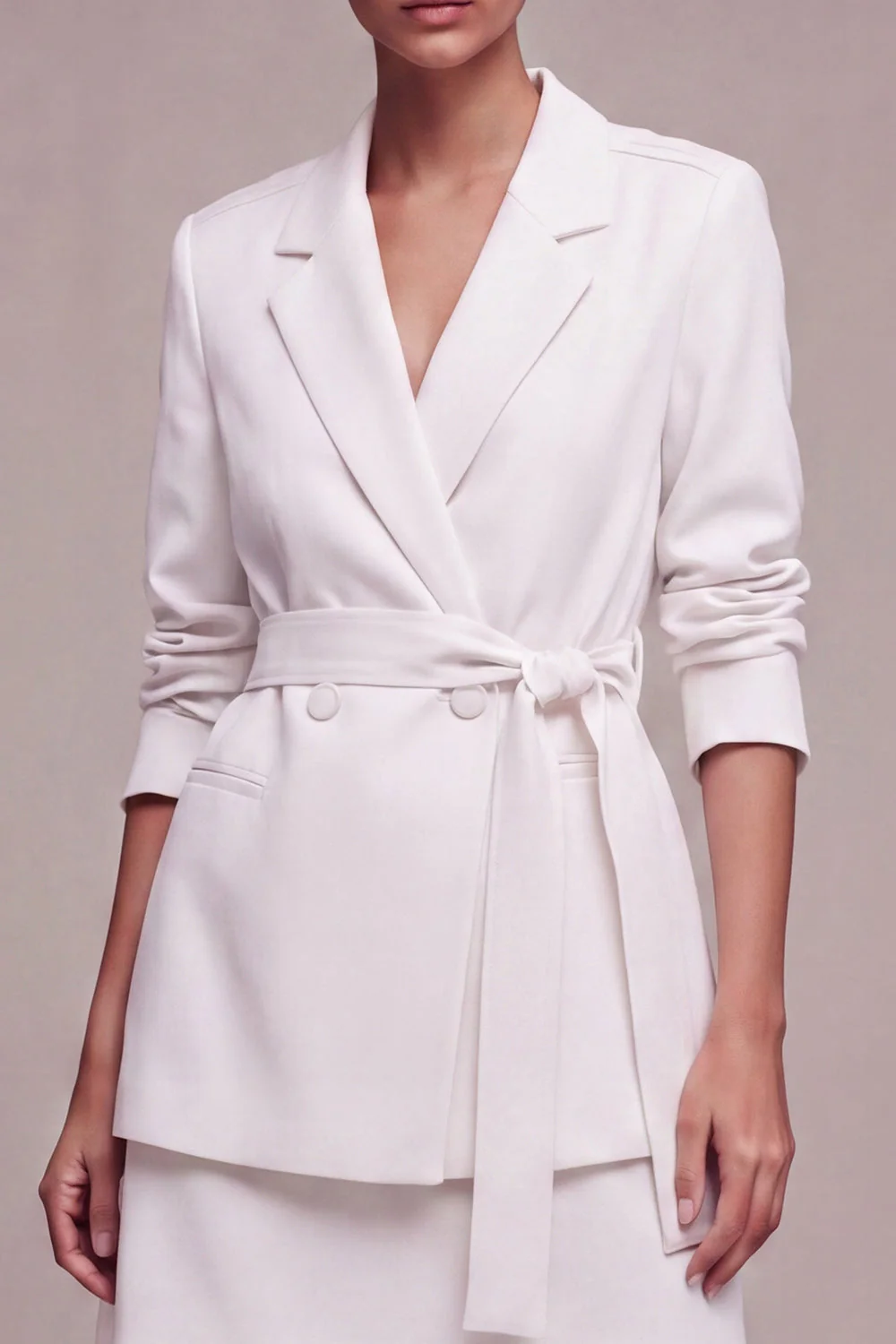 2 Piece White Notched Lapel Business Dress with Belt - Image 3