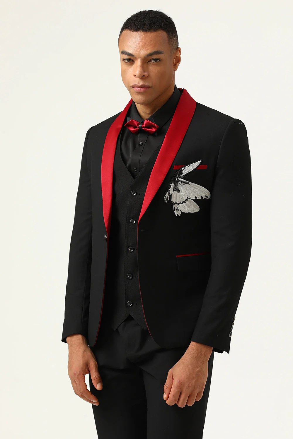 3 Piece Black Red Shawl Lapel Men's Prom Suits - Image 3