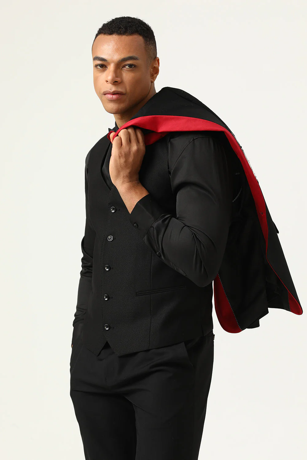 3 Piece Black Red Shawl Lapel Men's Prom Suits - Image 4