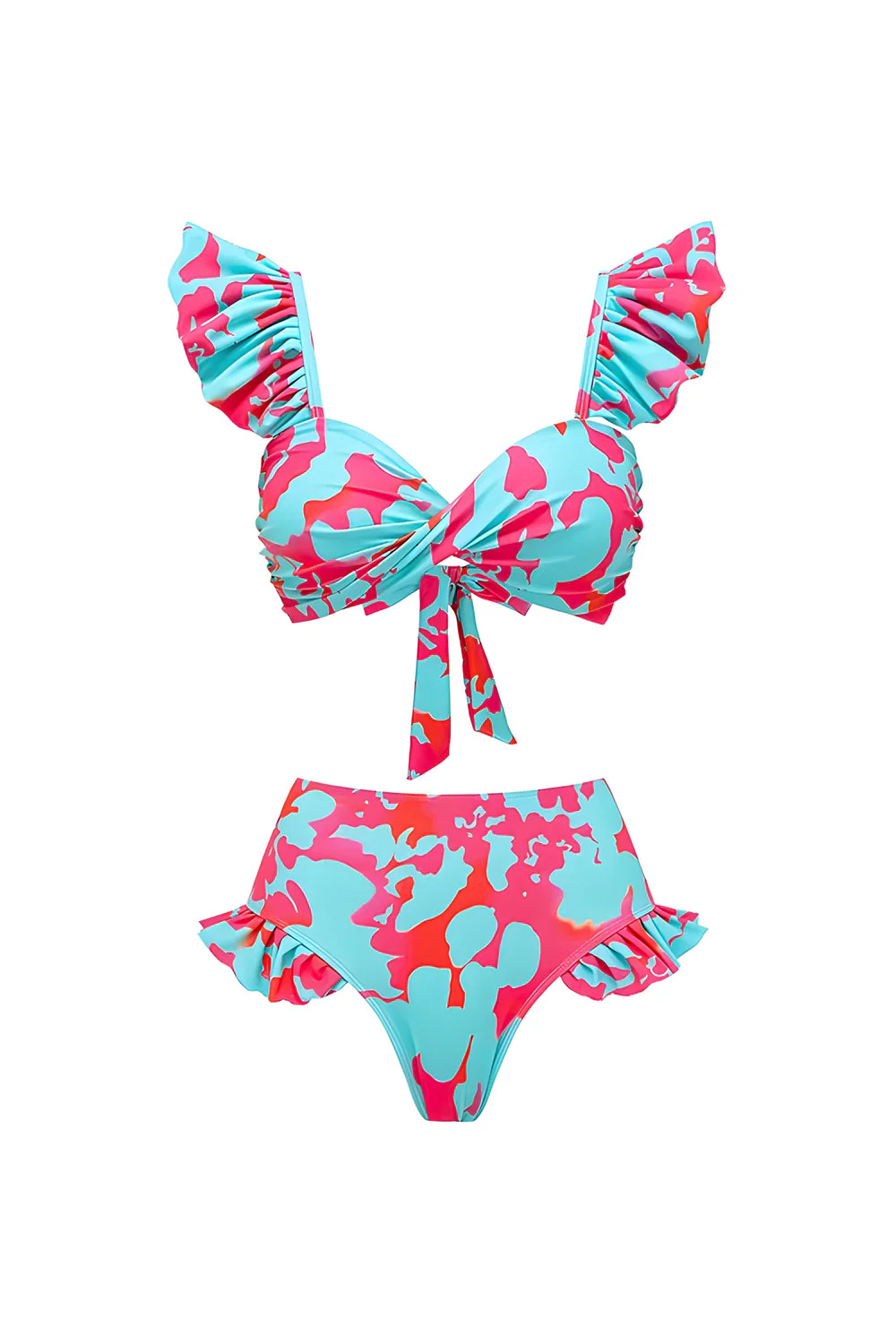 3 Piece Blue and Fuchsia Printed Swimwear with Cover Up Skirt - Image 2