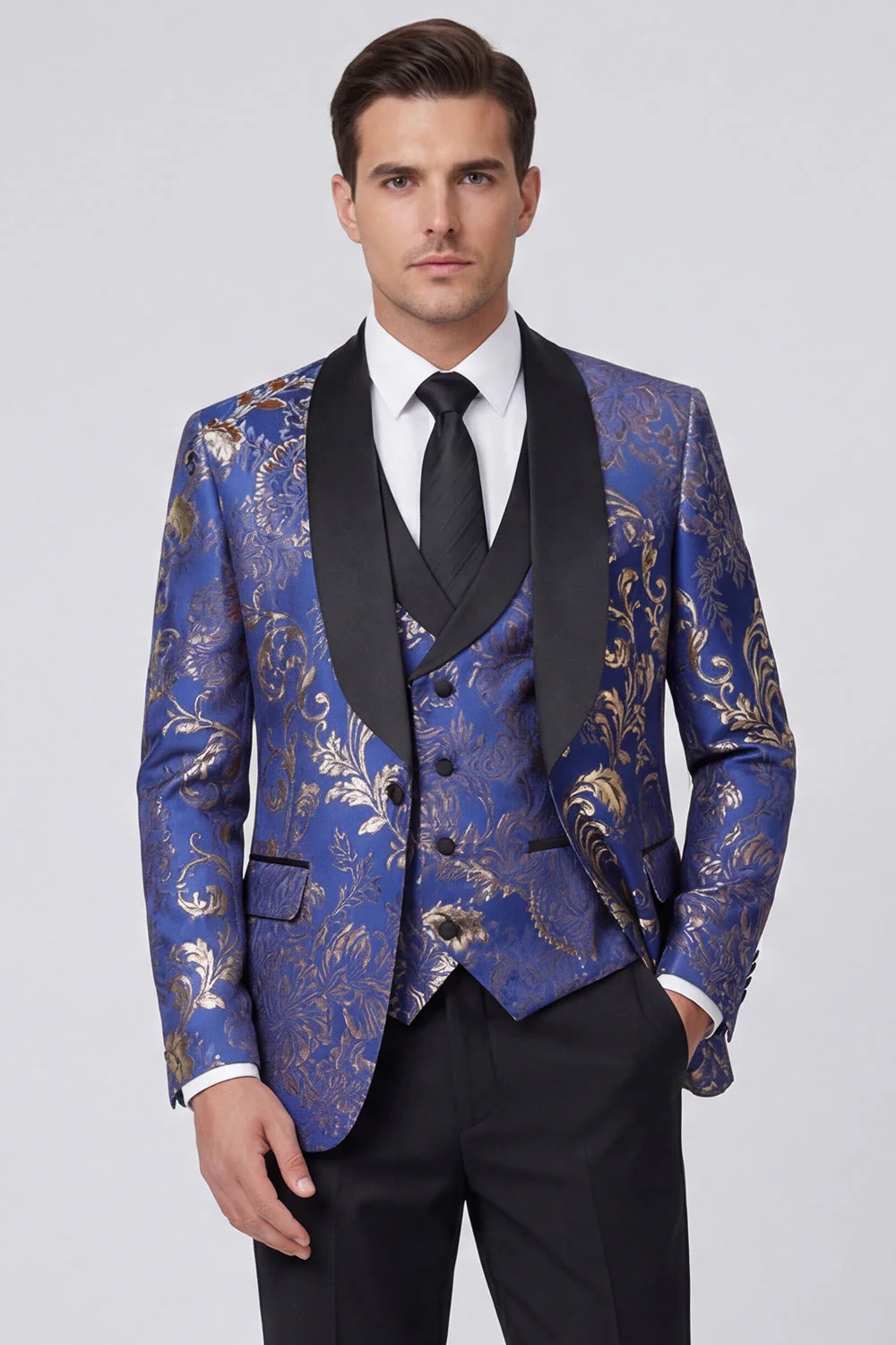 Blue 3 Piece Jacquard Shawl Lapel Men's Suits - Image 3