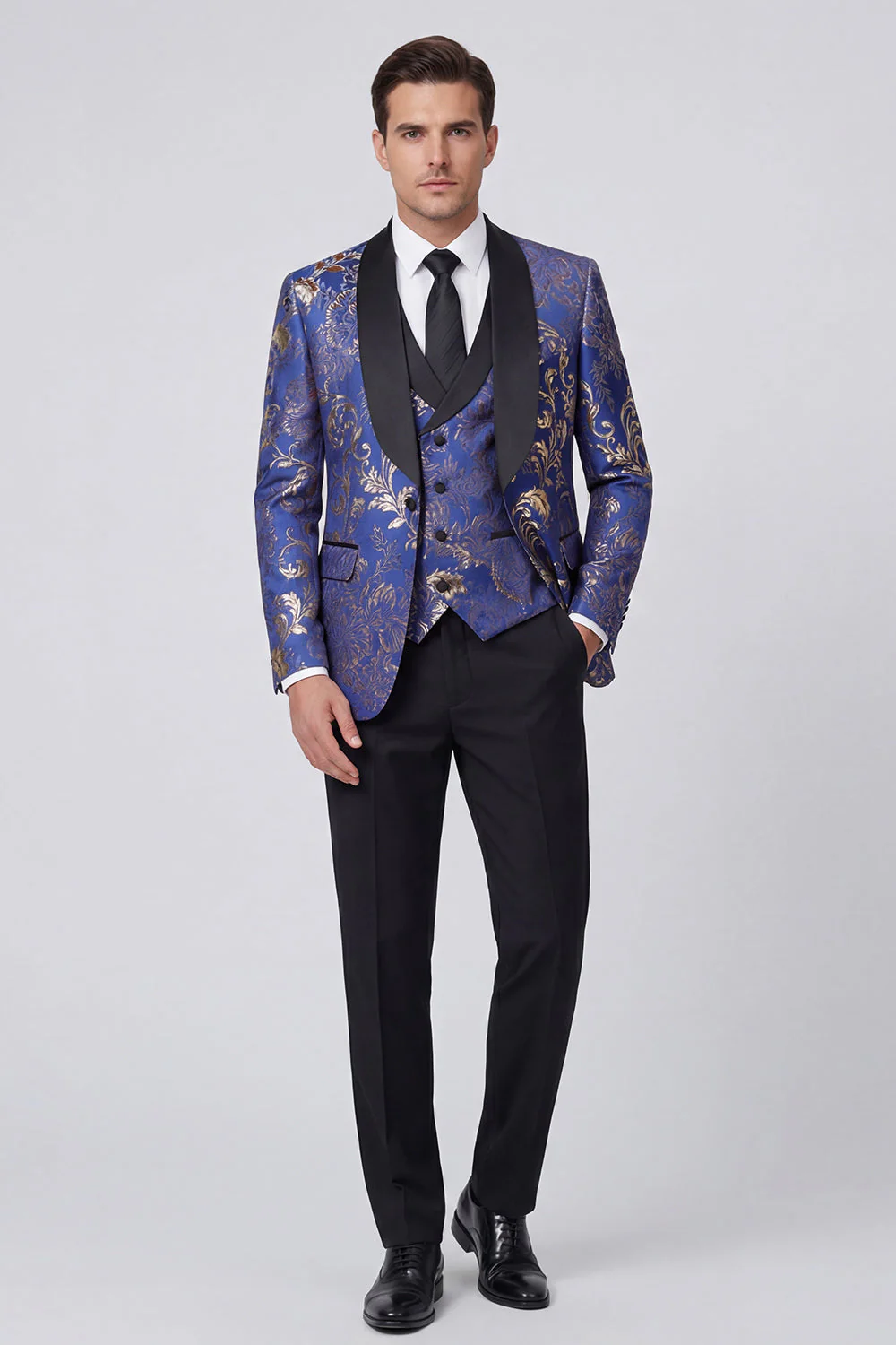 Blue 3 Piece Jacquard Shawl Lapel Men's Suits - Image 4