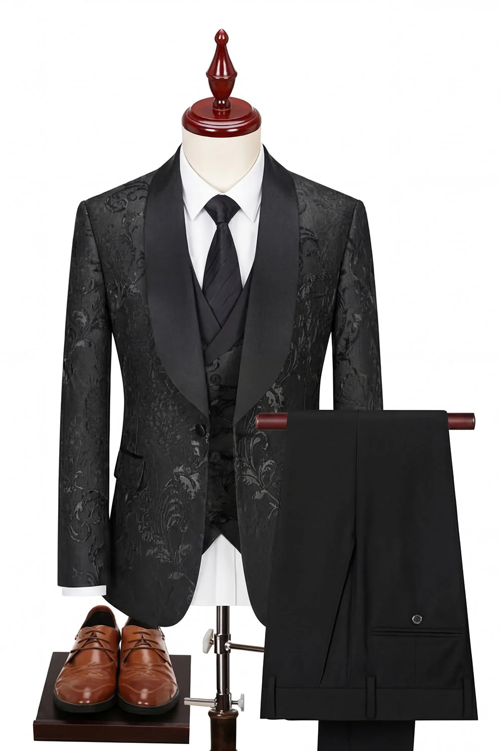 Blue 3 Piece Jacquard Shawl Lapel Men's Suits - Image 5