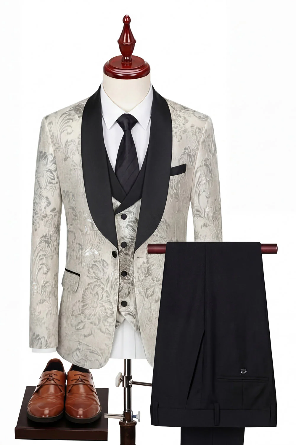 Blue 3 Piece Jacquard Shawl Lapel Men's Suits - Image 7