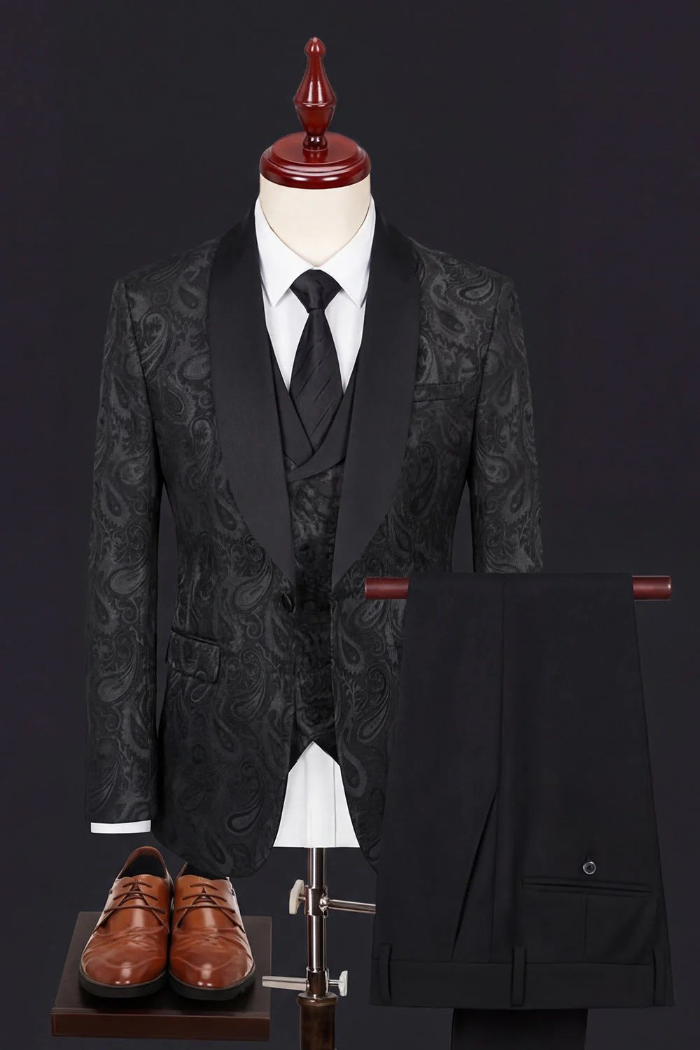Dark Green 3 Piece Shawl Lapel One Button Jacquard Men's Suits - Image 3