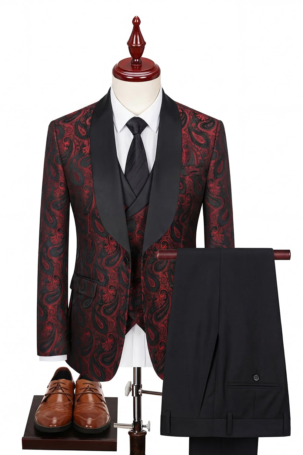 Dark Green 3 Piece Shawl Lapel One Button Jacquard Men's Suits - Image 4