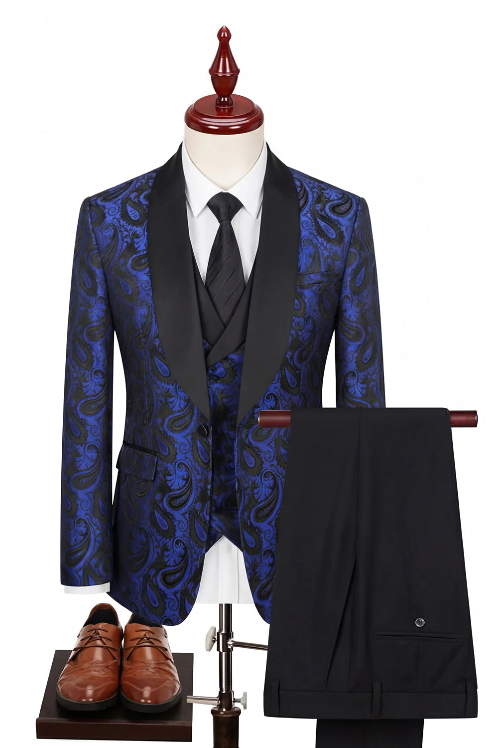 Dark Green 3 Piece Shawl Lapel One Button Jacquard Men's Suits - Image 5