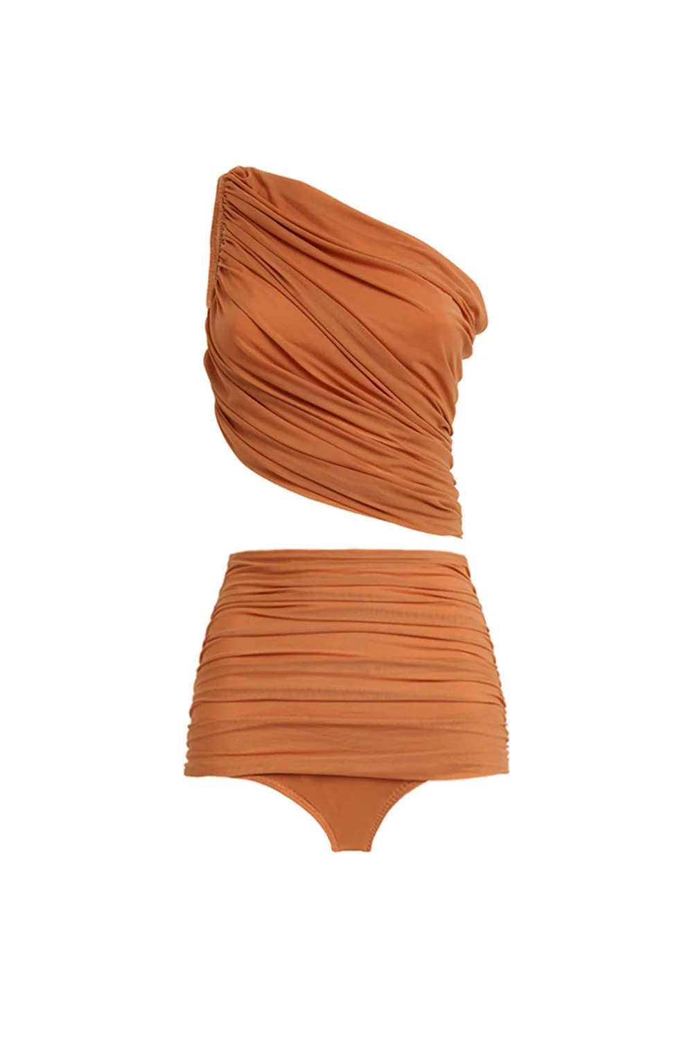 3 Piece One Shoulder Orange Ruched Swimsuit with Beach Dress - Image 2