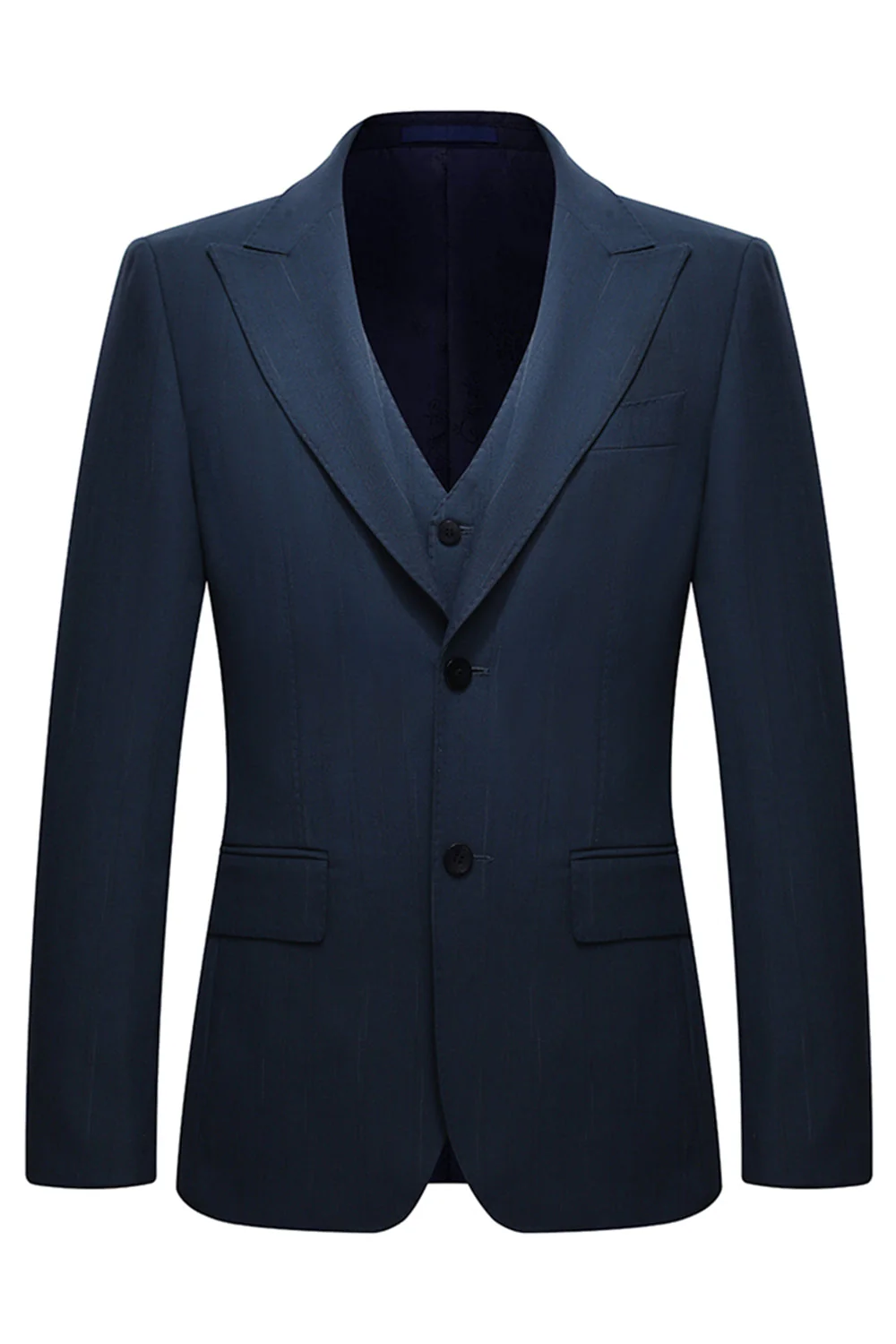 3 Piece Single Breasted Slim Fit Peak Lapel Men's Navy Suits - Image 2