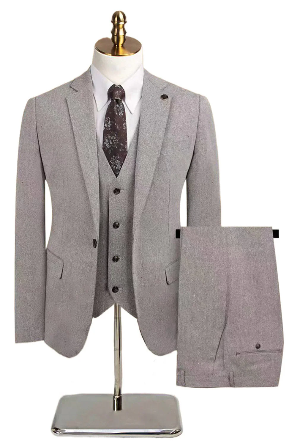 3 Piece Slim Fit Notched Lapel Men's Grey Suits - Image 10