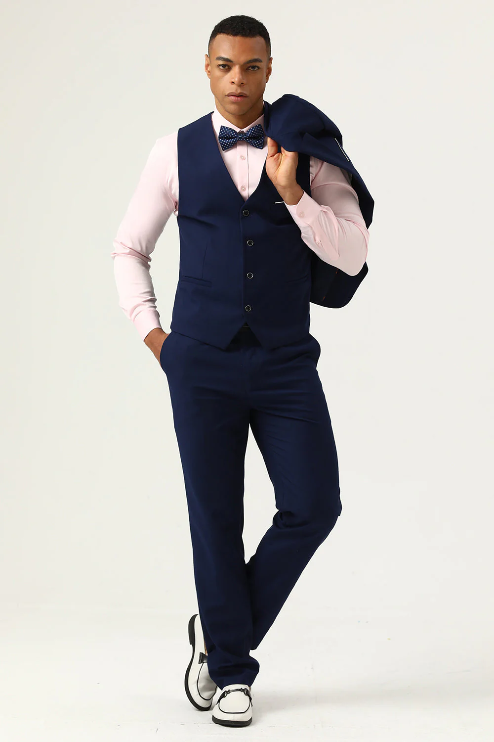 3 Pieces Navy Blue Slim Fit Casual Tuxedo Suits - Image 5