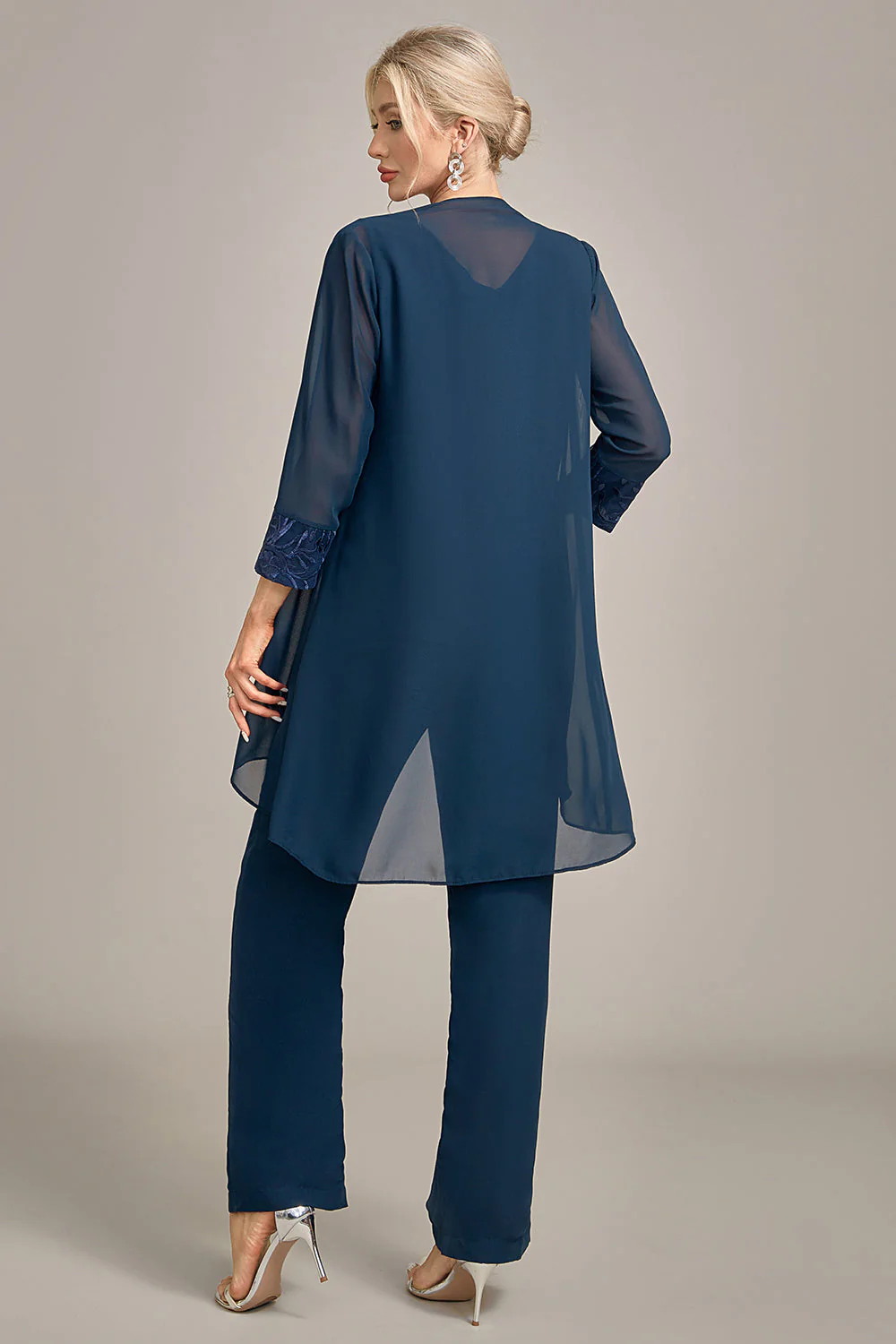 3 Pieces Navy Chiffon Long Sleeves Choir Pant Suits - Image 3