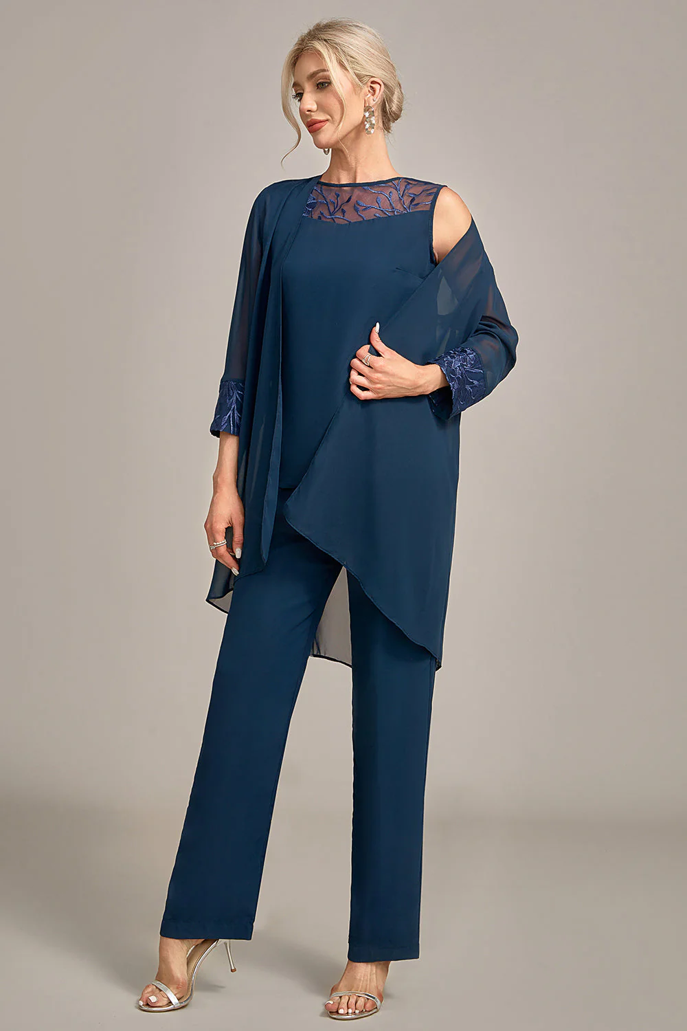 3 Pieces Navy Chiffon Long Sleeves Choir Pant Suits - Image 6